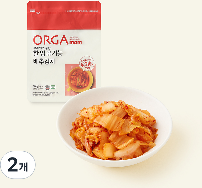 올가 유기가공식품 인증 한 입 배추김치, 300g, 2개