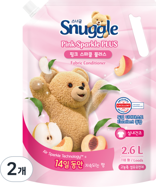 스너글 핑크스파클 플러스 실내 건조 섬유유연제 포근향 리필, 2.6L, 2개