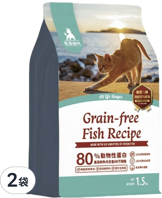 PetsTimes 毛孩時代 80%鮮魚肉無穀全貓糧, 皮膚/毛髮, 1.5kg, 2袋