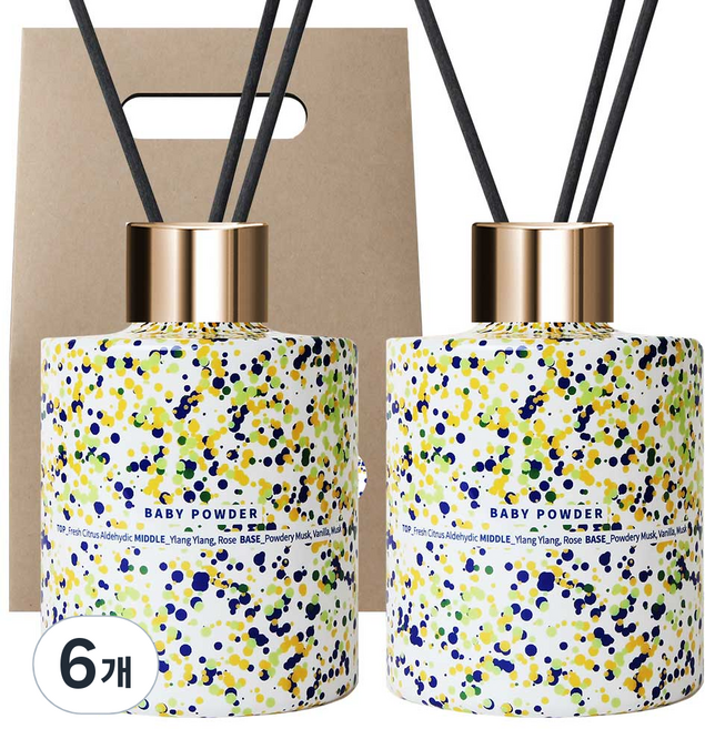 플렌느 마블 디퓨저 + 스틱 + 쇼핑백형 박스 세트, 베이비파우더, 200ml, 6개