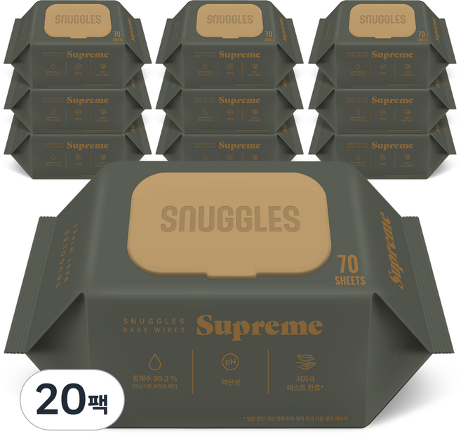 스너글스 슈프림 유아용 피부 저자극 인증 아기물티슈 엠보싱 캡형, 20팩, 70매, 80g