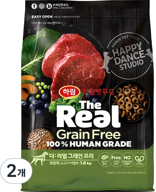 하림펫푸드 어덜트 강아지 더리얼 그레인프리 크런치 건식사료, 2개, 1.6kg, 소