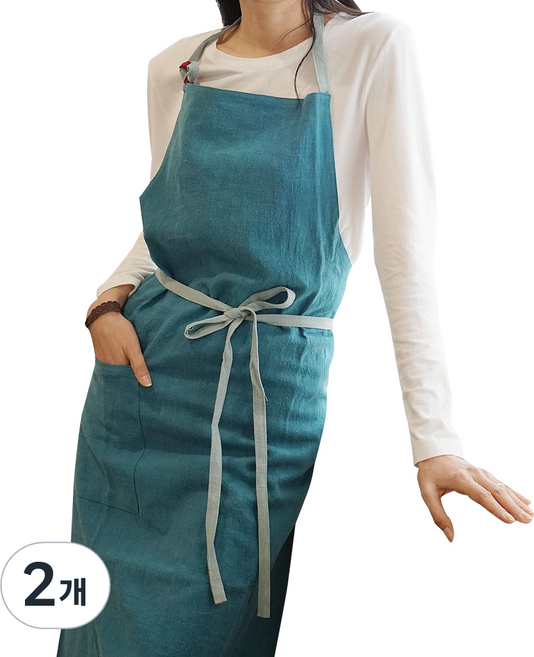 잇츠온 롱 원피스 린넨 앞치마, 미스틱블루, 2개