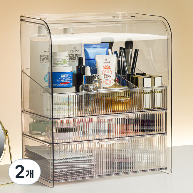 코멧 프리미엄 3단 화장품 정리함 커버형 특대형, 투명색, 2개