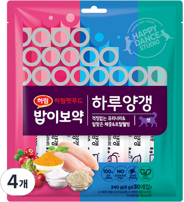 하림펫푸드밥이보약 캣 하루양갱, 혼합맛(걱정없는 유리너리/알맞은 체중/토탈웰빙), 240g, 4개