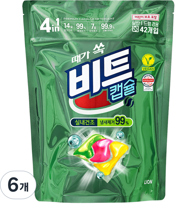 [비건라이프] 비트 실내건조 캡슐세제 그린플로럴향, 42개입, 6개