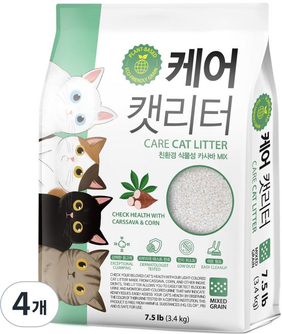 케어캣리터 카사바 고양이 모래, 3.4kg, 4개, 무향