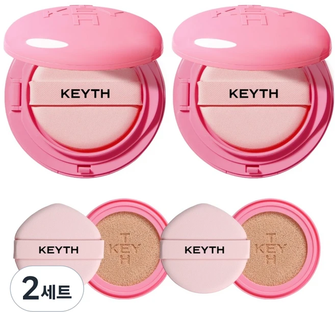 KEYTH 컬러드 핑크 마그넷 쿠션 파운데이션 본품 15g 2p + 리필 15g 2p 세트, 02라이트베이지, 2개 - 쿠팡