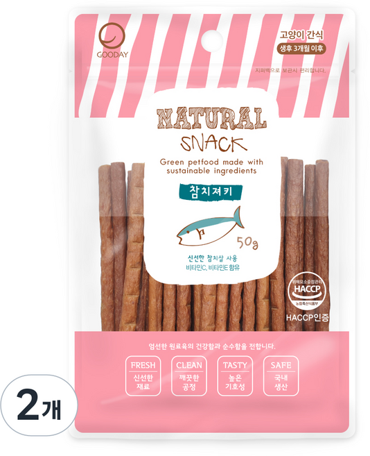 굿데이 네츄럴 스낵 고양이 간식, 참치져키, 50g, 2개
