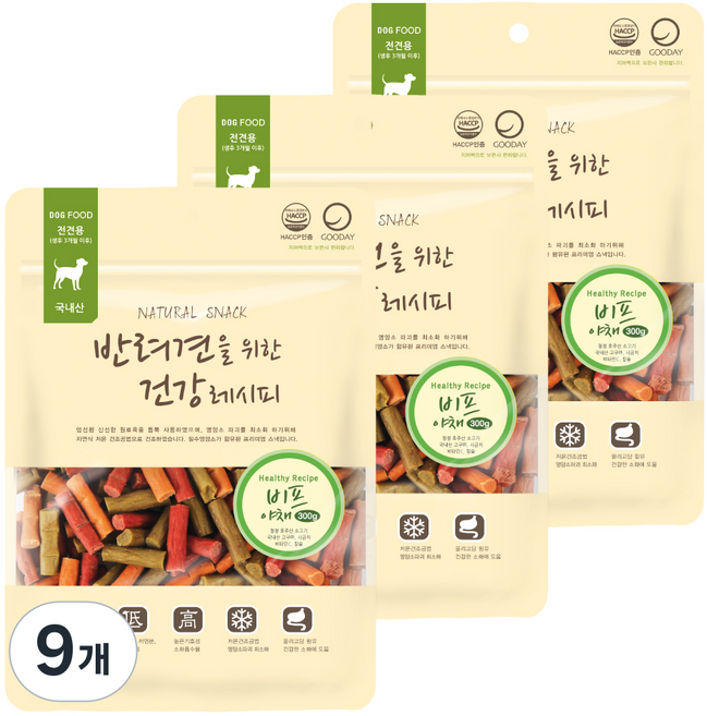 굿데이 반려견을 위한 건강레시피 져키, 혼합맛(비프/야채), 300g, 9개