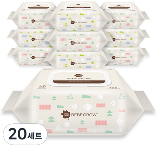 베베그로우 그린핑거 물티슈 엠보싱 대용량 캡형, 54g, 100매, 20세트