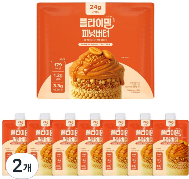 플라이밀 피넛버터 단백질 쉐이크 파우치 7p, 315g, 2개
