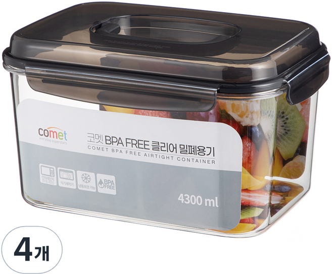 코멧 국내생산 BPA FREE 클리어 밀폐용기 핸들타입 4300ml, 4개, 단품