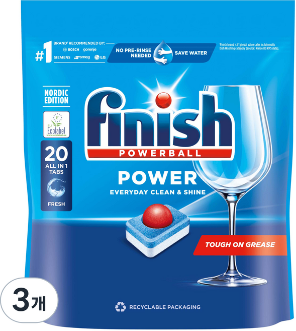 피니시 파워볼 탭스 식기세척기용 세제 17g 20p, 340g, 3개