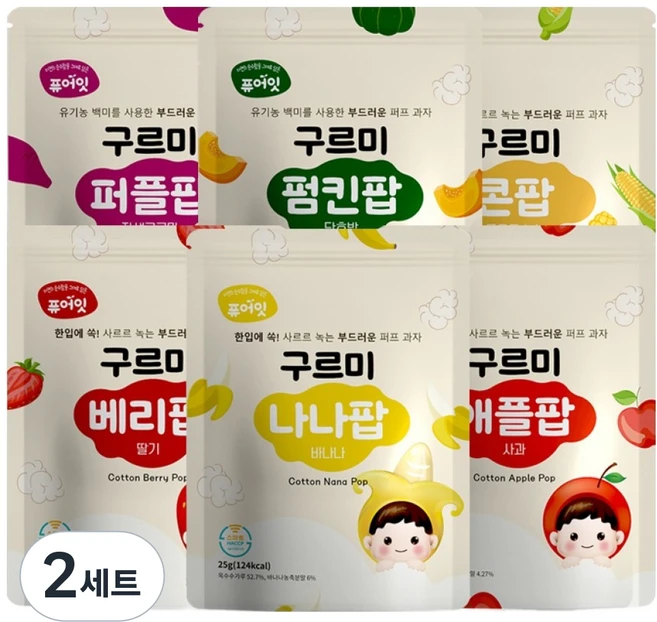 퓨어잇 구르미팝 6종 세트, 2세트, 사과, 딸기, 바나나, 구운옥수수, 자색고구마, 단호박 - 쿠팡