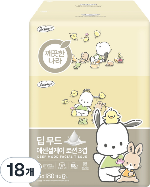 깨끗한나라 에센셜케어 로션 미용티슈 3겹, 180매, 18개