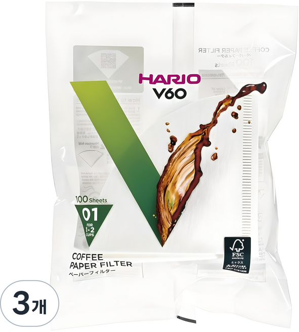 HARIO 好璃奧 V60 濾紙 濾紙 VCF-01-100W, 3個, 100入