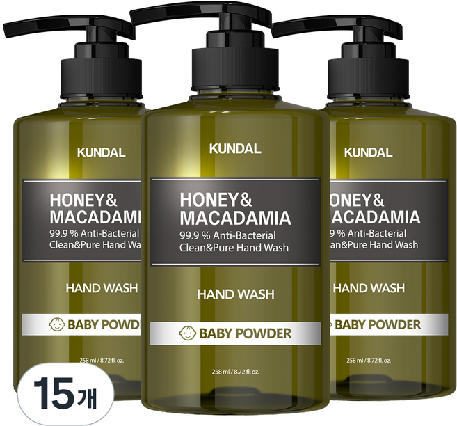 쿤달 허니 앤 마카다미아 클린 앤 퓨어 핸드워시 베이비파우더, 258ml, 15개
