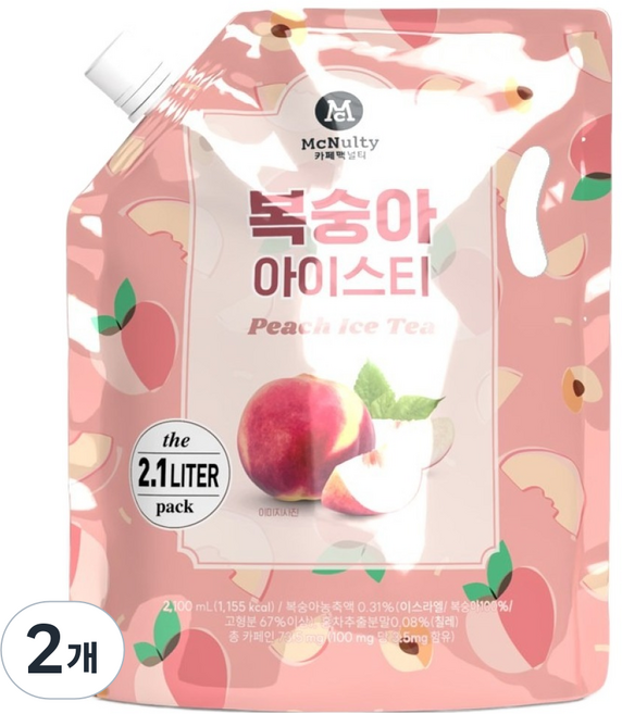맥널티커피 대용량 복숭아 아이스티 파우치, 2.1L, 2개