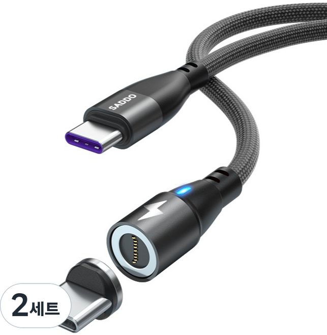 SADDO PD 100W 直式磁吸充電線 + Type-C接頭組, 2套, 黑色, 1m