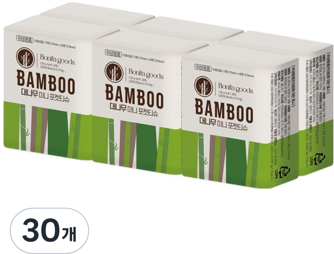 보니타굿즈 무표백 대나무 미니 포켓티슈 3겹, 10개입, 30개
