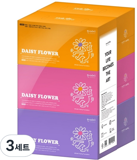 한예지 키스해링 데이지 미용티슈 280매 x 3종 x 2p 세트 2겹, 6개입, 3세트