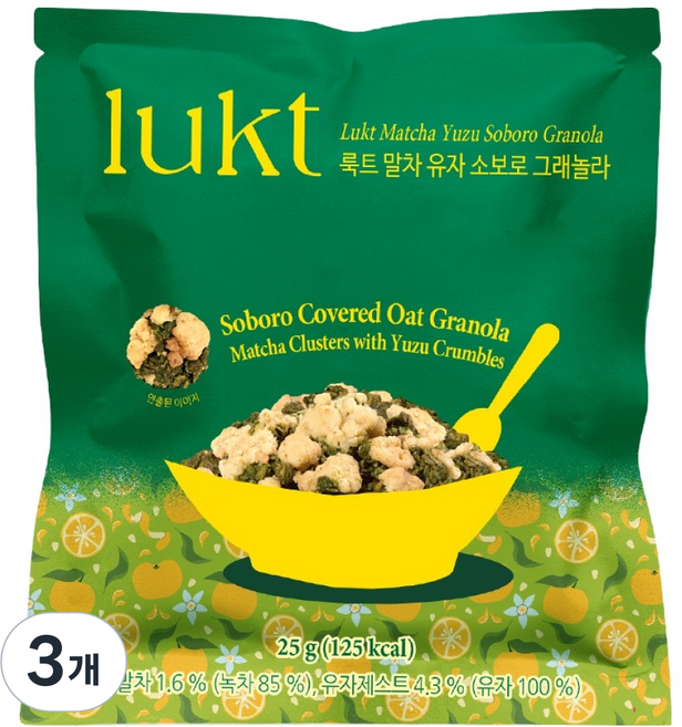 룩트 말차유자 소보로 그래놀라, 25g, 3개