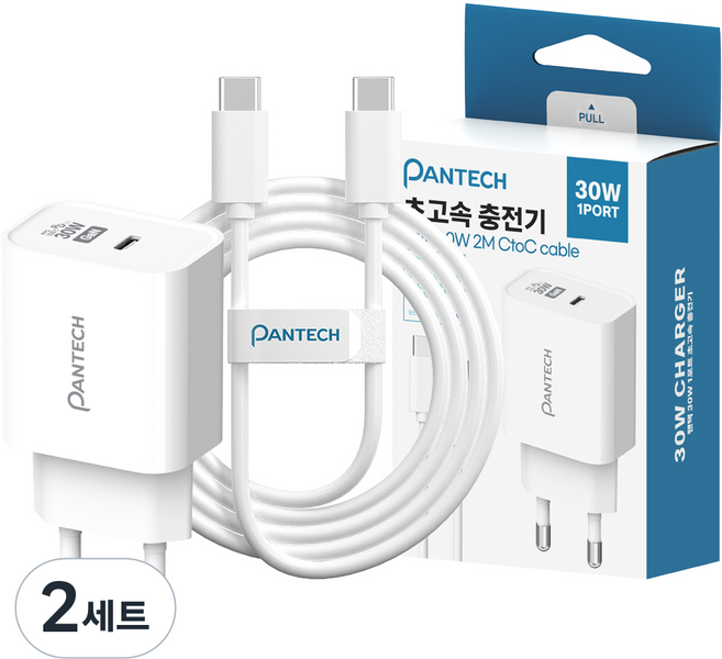 팬택 45W 2포트 C타입 초고속충전기 + 60W C to C 케이블 2m 세트, 화이트, 2세트