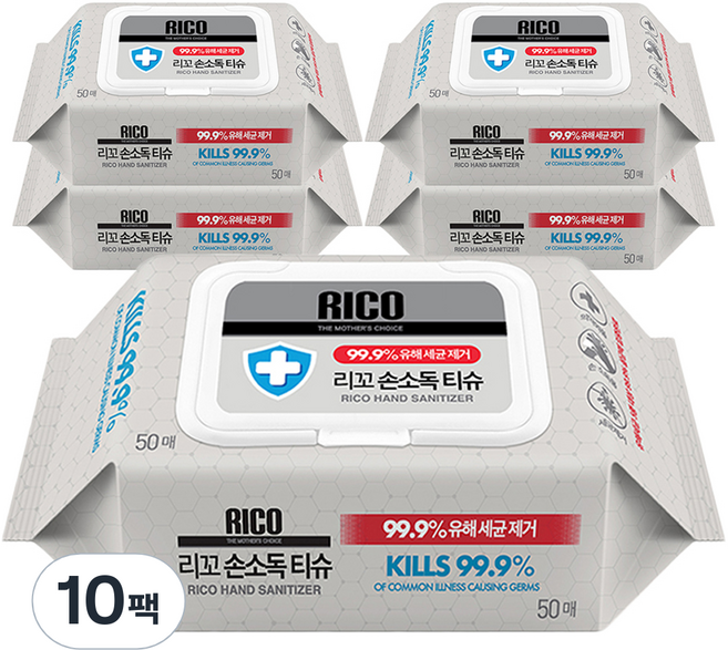 리꼬 손소독 물티슈 캡형, 3340g, 50매, 10개