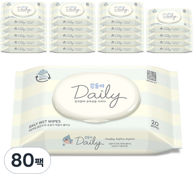순둥이 데일리 물티슈 휴대캡형, 45g, 20매, 80개