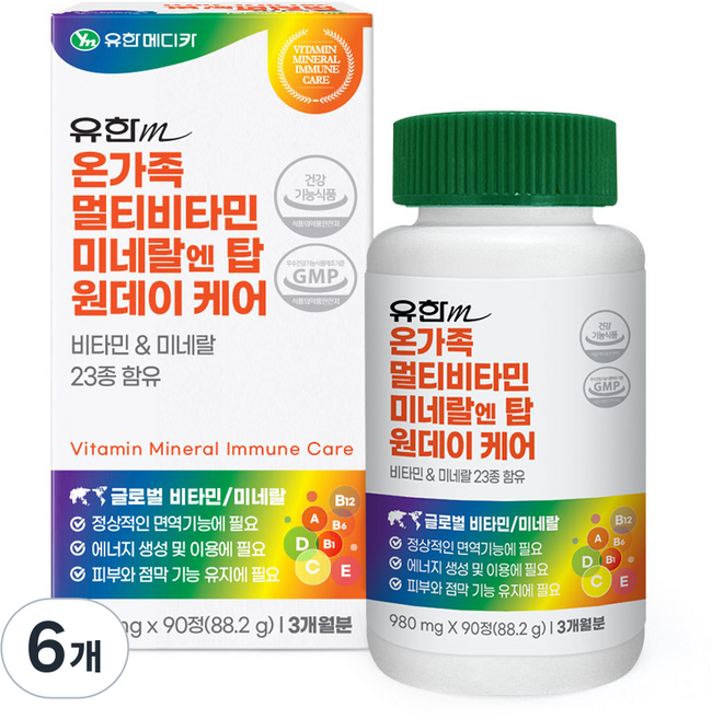 유한메디카 온가족 멀티비타민 미네랄 엔 탑 원데이 케어, 90정, 6개