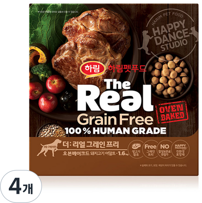 하림펫푸드 어덜트 강아지 더리얼 그레인프리 오븐베이크드 건식사료, 돼지, 1.6kg, 4개