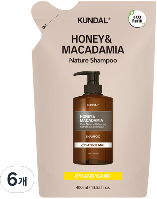 쿤달 허니 앤 마카다미아 네이처 샴푸 리필팩 일랑일랑향, 400ml, 6개