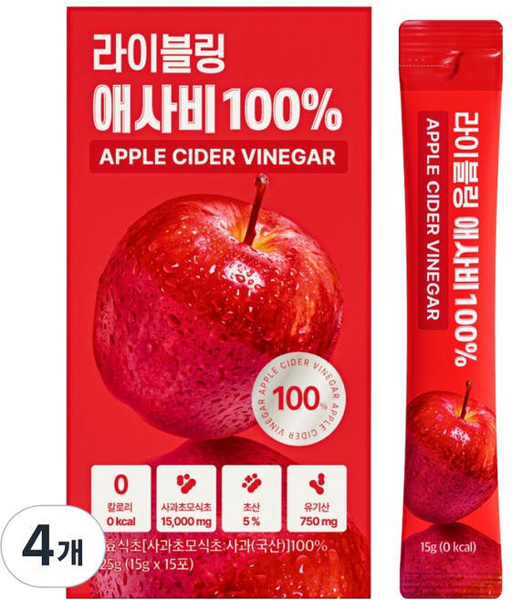 라이블링 애플 사이다 비니거 애사비 100% 원액 스틱 15개입, 4개, 225g