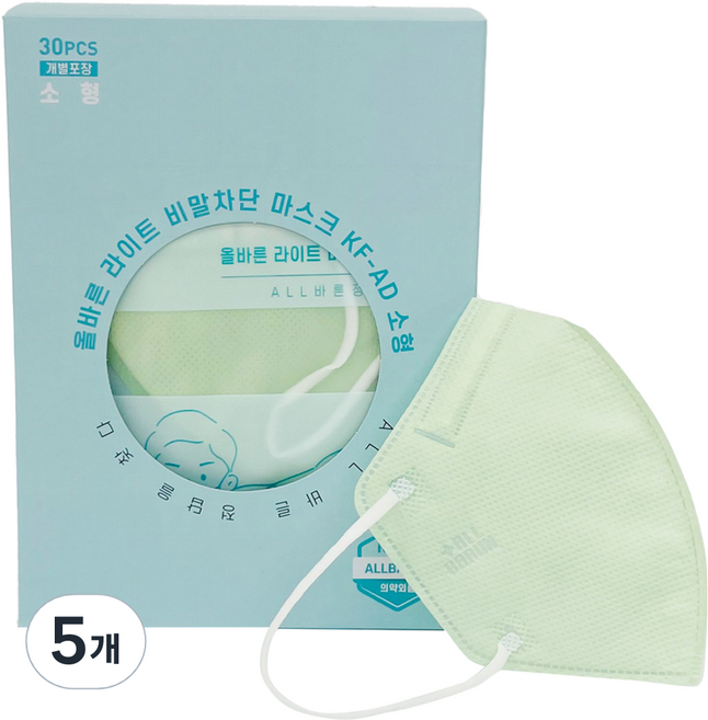 ALLBARUN 라이트 비말차단마스크 소형 KF-AD, 30개입, 5개, 민트