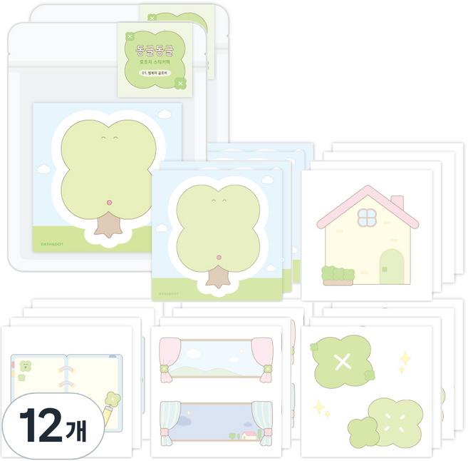 대시앤도트 동글동글 데코 모조지 스티커팩, 01 행복해 클로버, 12개