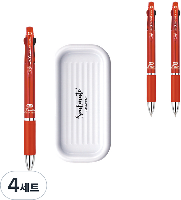 자바펜 제트3볼 M 펜 0.38mm 3p + 펜트레이 세트, 레드(볼펜), 랜덤발송(펜트레이), 4세트