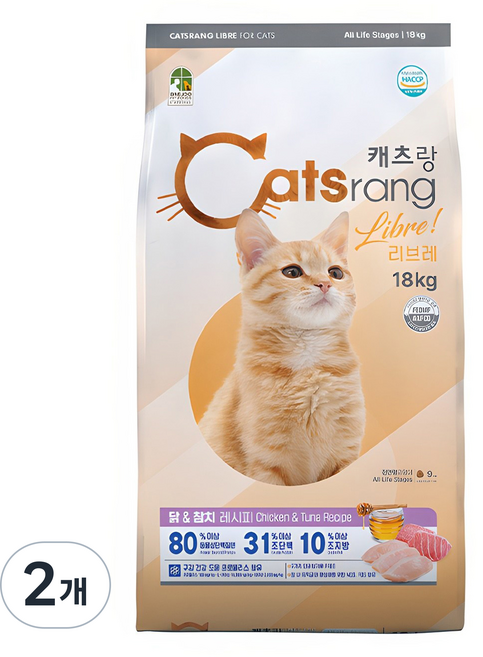 캐츠랑 전연령 고양이 리브레 건식사료, 닭+참치, 18kg, 2개
