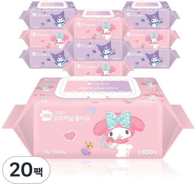 그린핑거 산리오 캐릭터즈 오리지널 물티슈 캡형, 260g, 100매, 20개