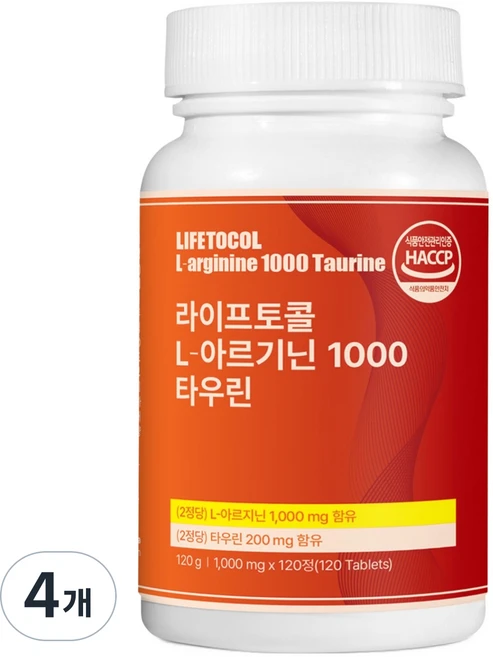 라이프토콜 L 아르기닌 1000 타우린 120g, 4개, 120정 - 쿠팡