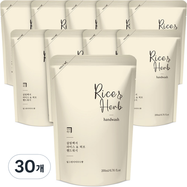 살림백서 라이스 앤 허브 핸드워시 딥그린시더우드 리필, 200ml, 30개