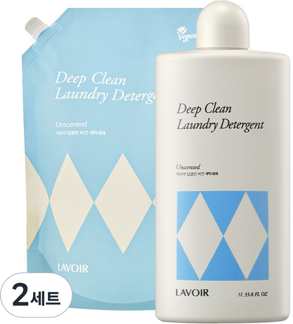 라브아 딥클린 비건 무향 세탁세제 본품 1L + 리필 2L 세트, 2세트