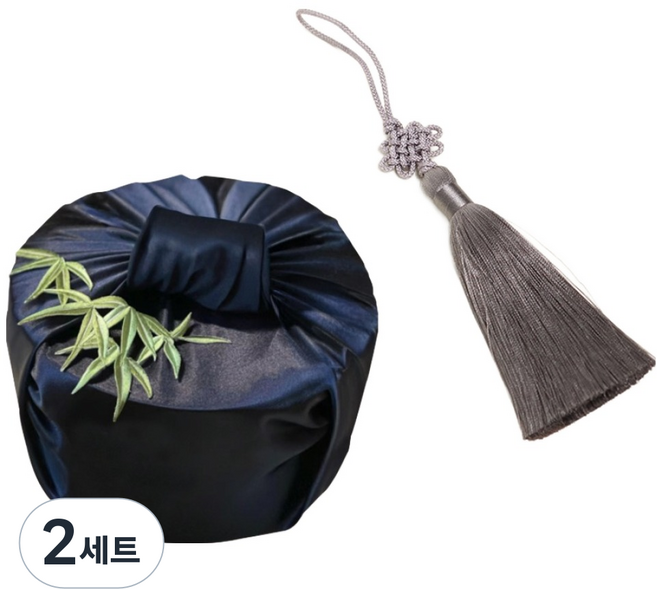 마메 고급 실크 보자기 + 노리개 세트, 네이비 + 그레이, 2세트