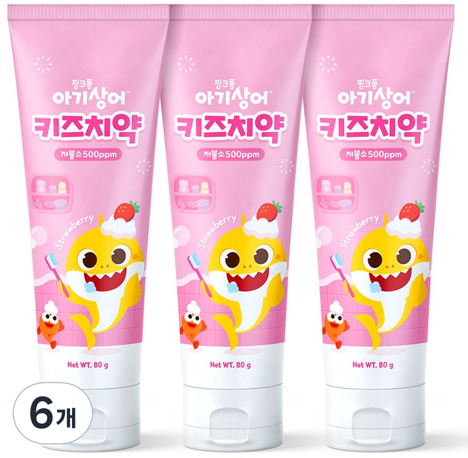 아텍스 핑크퐁 아기상어 저불소 키즈 치약 딸기향, 80g, 6개