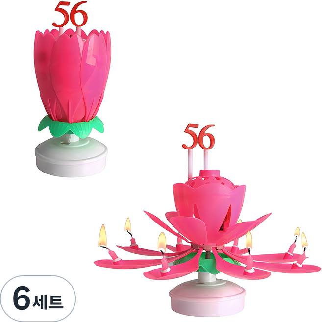 PARTY LIFE 旋轉旋律生日快樂數字蓮花蠟燭 + 數字組合 2入, 粉紅色, 6套