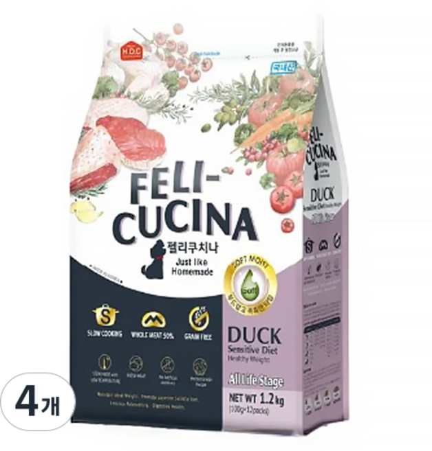 펠리쿠치나 전연령 강아지 소프트사료, 오리, 1.2kg, 4개