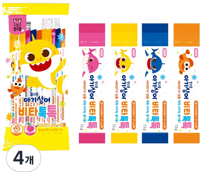 태양생활건강 핑크퐁 유아용 아기상어 비타톡톡 복숭아맛 10p, 15g, 4개