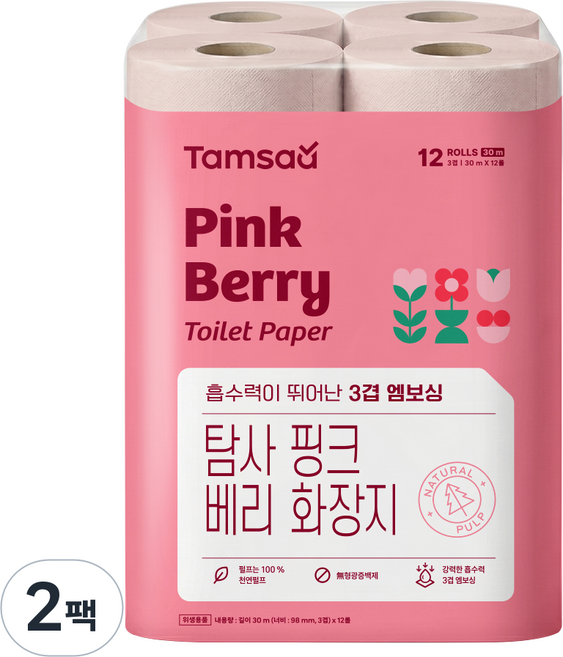 탐사 핑크베리 천연펄프 화장지, 2팩, 12롤, 30m