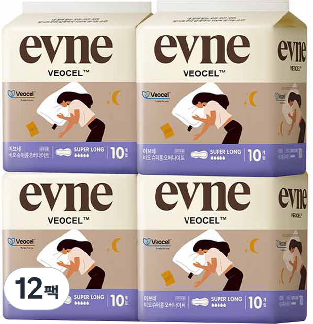 이브네 비오셀 슈퍼 롱 생리대 날개형, 오버나이트, 10개입, 12개