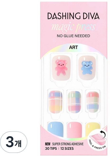 데싱디바 매직프레스 베어 트윈스 네일팁, 3개, 핑크 + 블루 + 옐로우